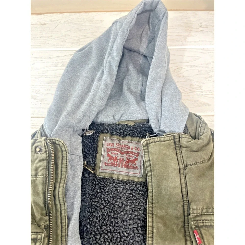 Levis Sherpa Lined Hooded Utility Jacket Mens S Olive Military Field Coat